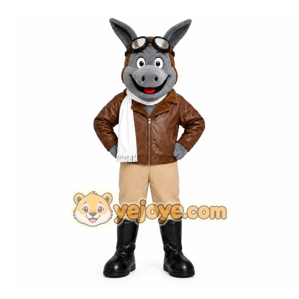 Gray Donkey Pilot Mascot Costume with Custom Logo