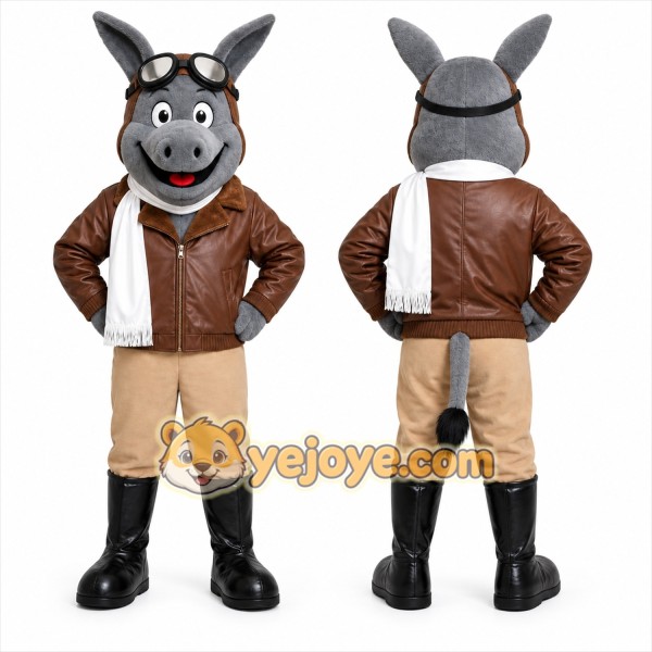 Gray Donkey Pilot Mascot Costume with Custom Logo
