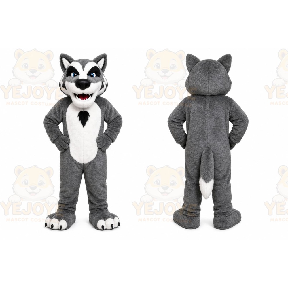 Gray Wolf Mascot Costume with Custom Logo