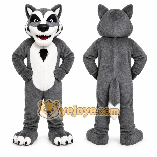 Gray Wolf Mascot Costume with Custom Logo