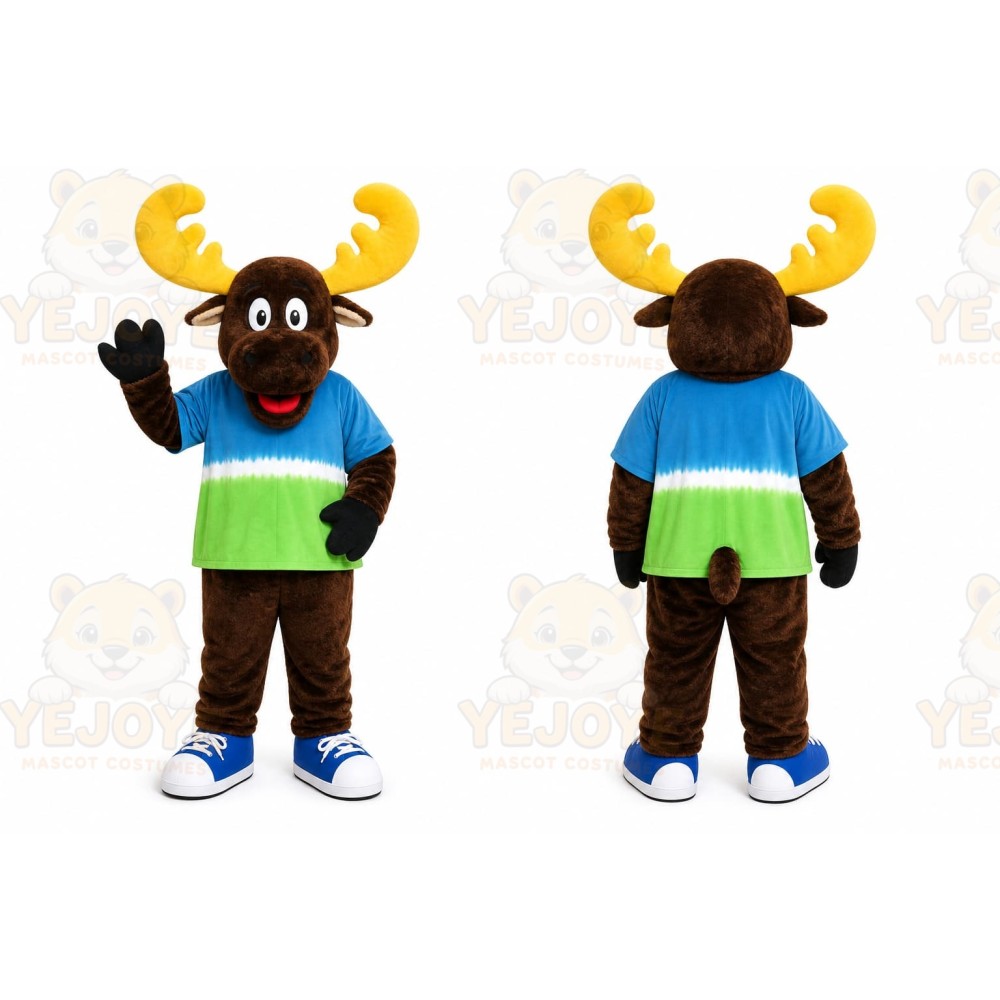 Brown Moose Mascot Costume with Custom Logo