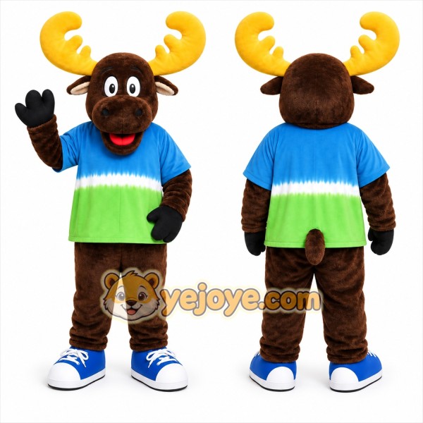 Brown Moose Mascot Costume with Custom Logo