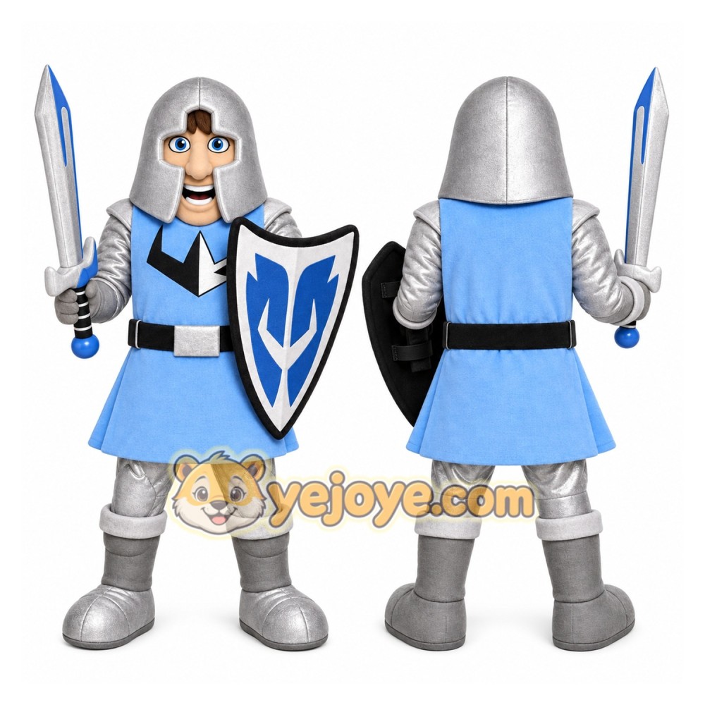 Blue Knight Mascot Costume with Custom Logo