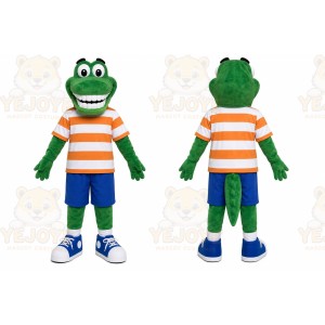 Green Alligator Mascot Costume with Custom Logo