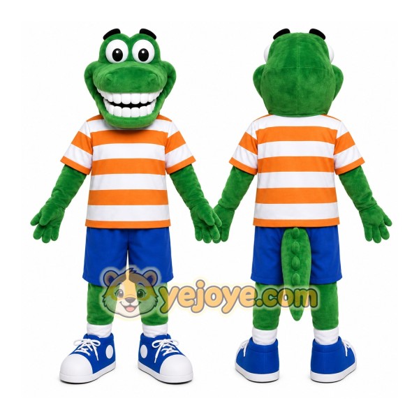 Green Alligator Mascot Costume with Custom Logo