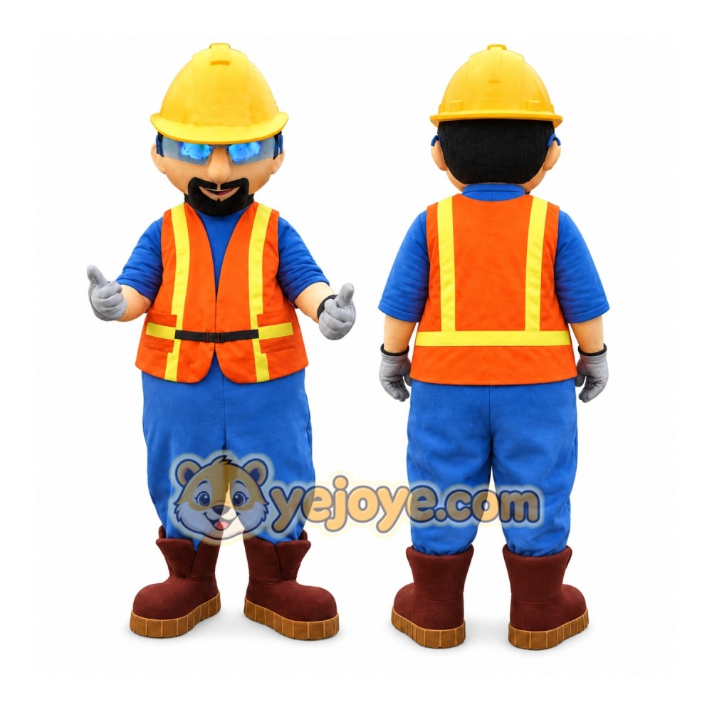 Blue Construction Worker Mascot Costume with Custom Logo Blue Construction Worker Mascot Costume with Custom Logo