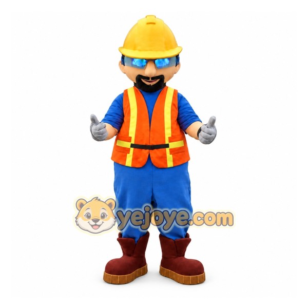 Blue Construction Worker Mascot Costume with Custom Logo