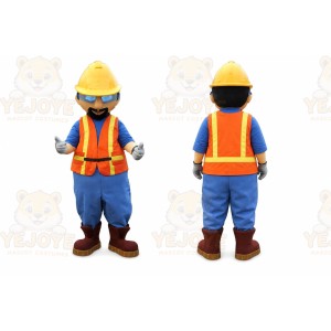 Blue Construction Worker Mascot Costume with Custom Logo