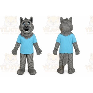 Gray Wolf Mascot Costume with Custom Logo