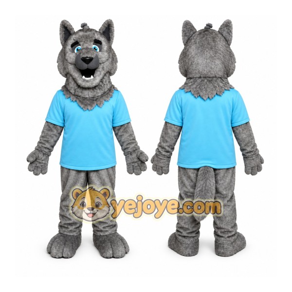 Gray Wolf Mascot Costume with Custom Logo