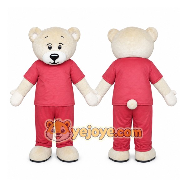 Cream Bear in Red Outfit Mascot Costume with Custom Logo
