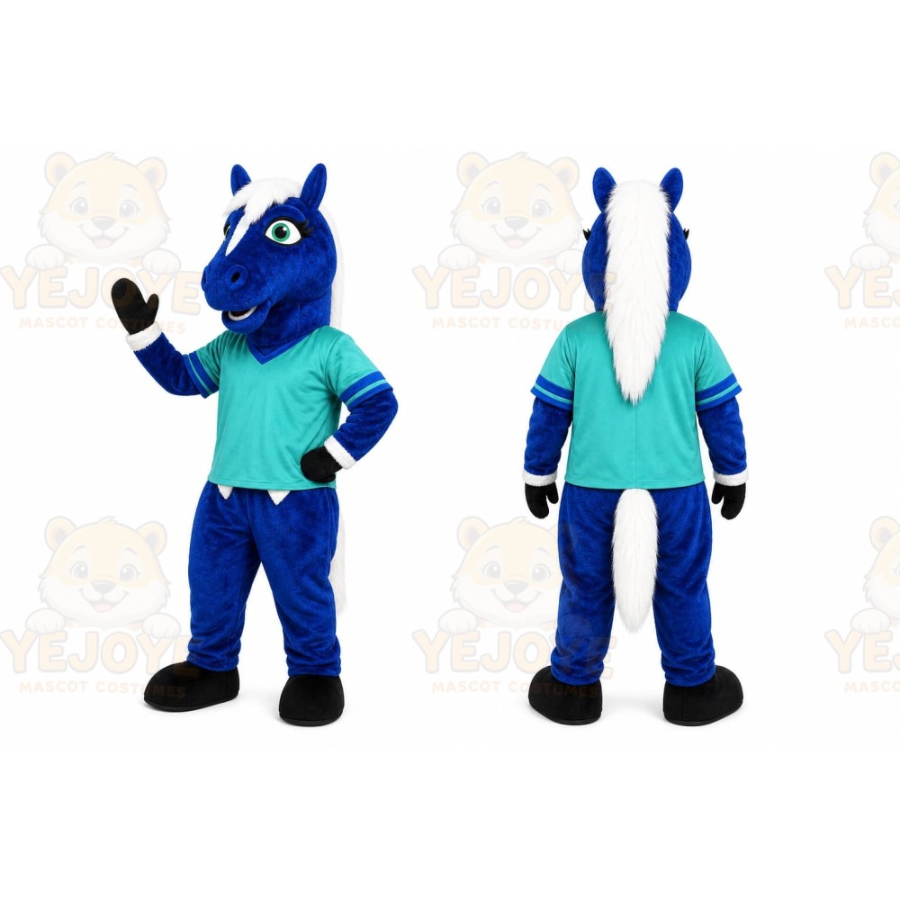 Blue Horse Mascot Costume with Custom Logo