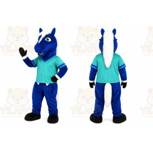 Blue Horse Mascot Costume with Custom Logo