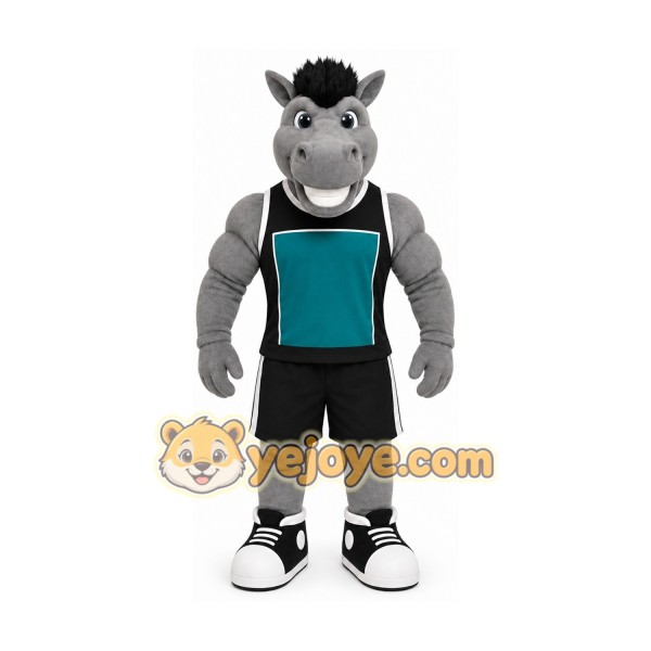 Gray Horse Mascot Costume with Custom Logo