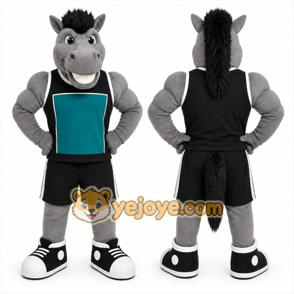 Gray Horse Mascot Costume with Custom Logo