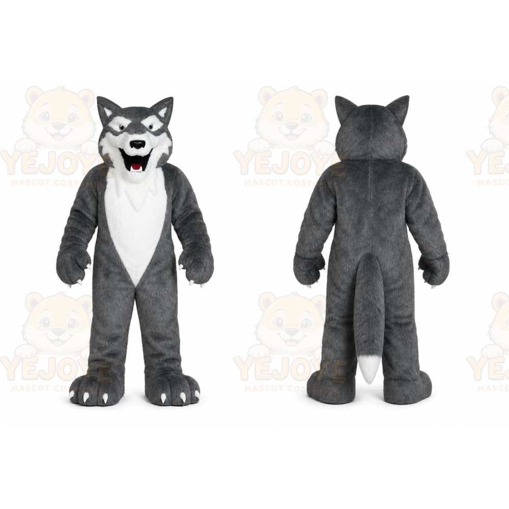 Gray Wolf Mascot Costume with Custom Logo