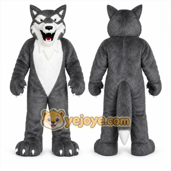 Gray Wolf Mascot Costume with Custom Logo