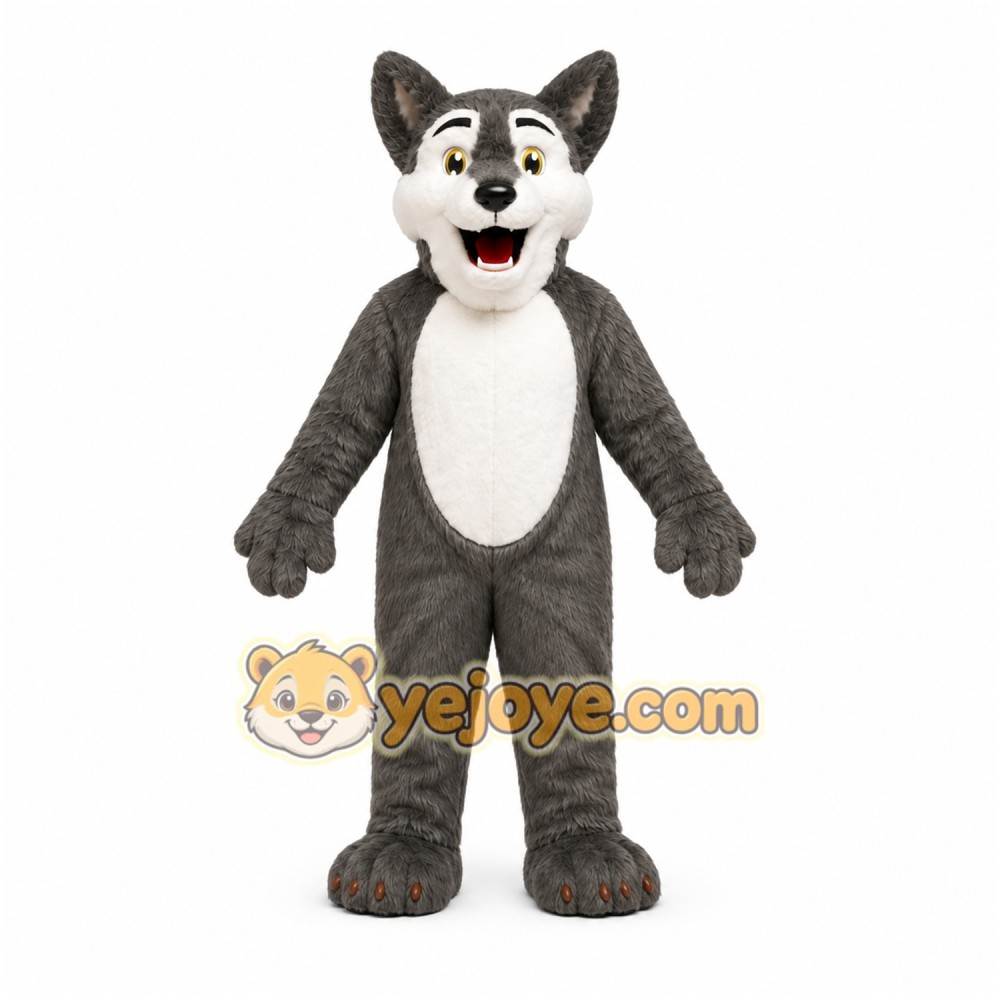 Gray Wolf Mascot Costume with Custom Logo