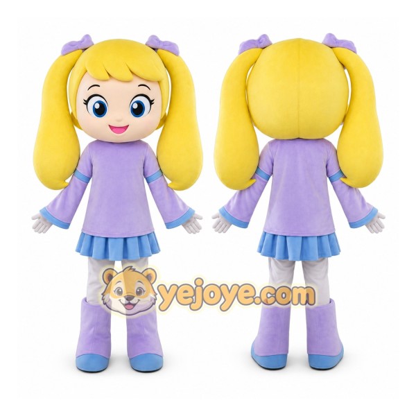 Yellow Girl Mascot Costume with Custom Logo