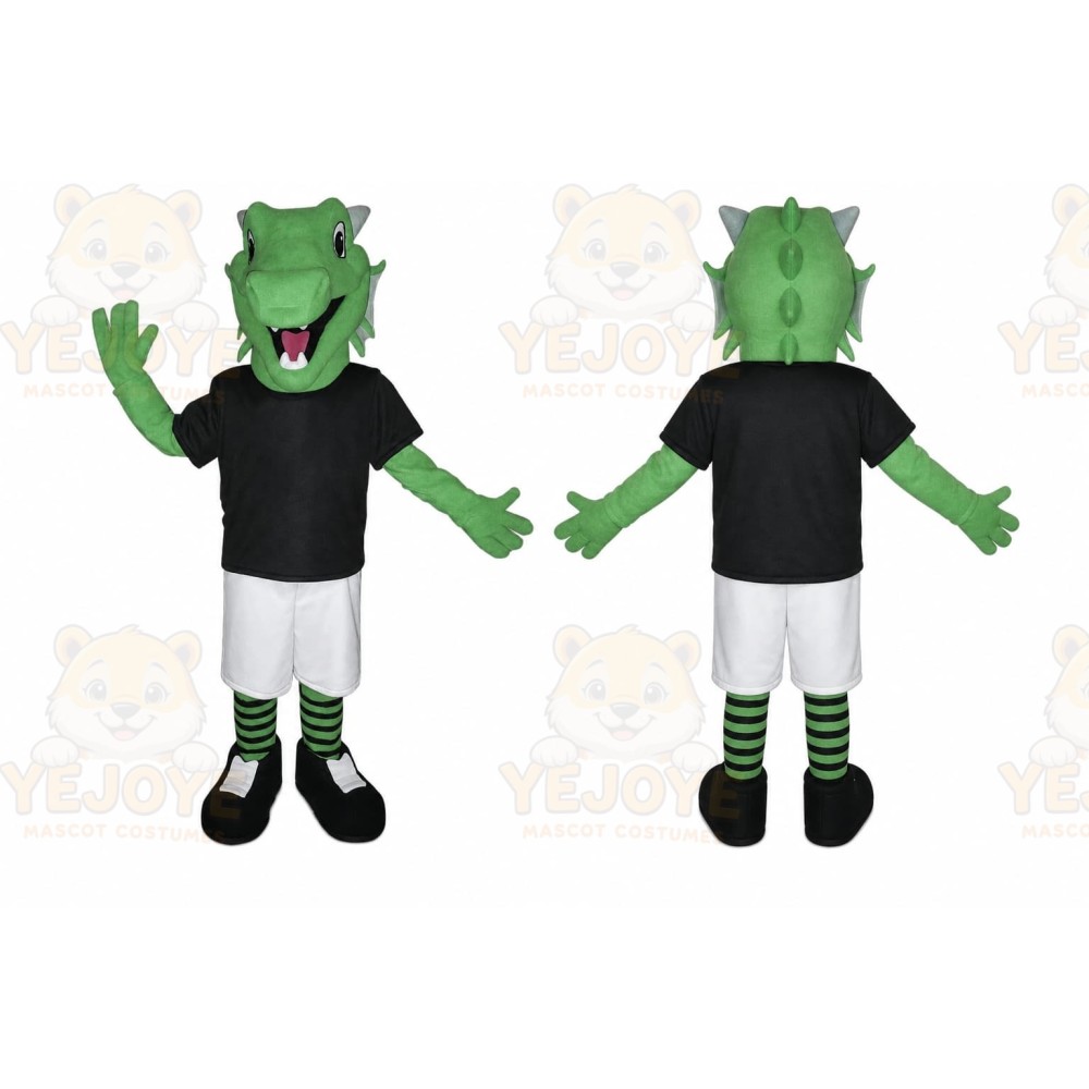 Green Dinosaur Mascot Costume with Custom Logo