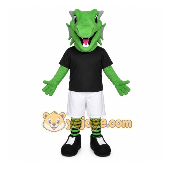 Green Dinosaur Mascot Costume with Custom Logo