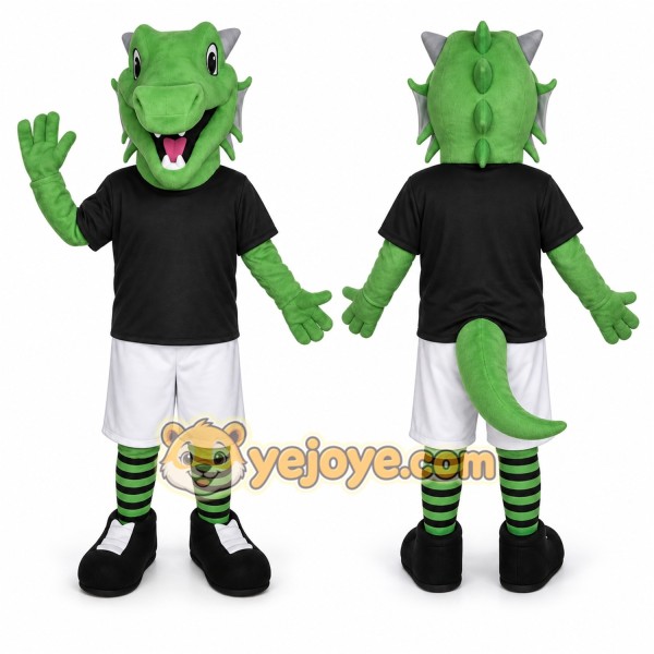 Green Dinosaur Mascot Costume with Custom Logo