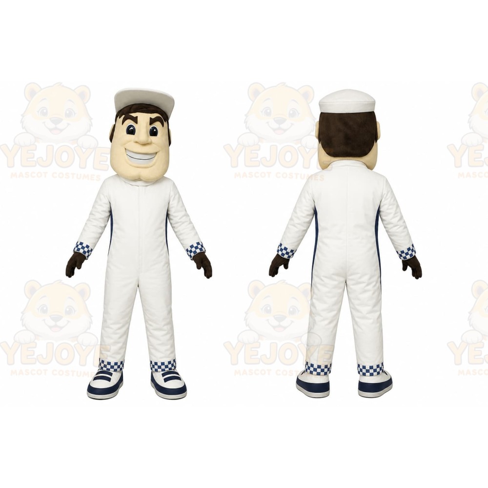 White Driver Mascot Costume with Custom Logo