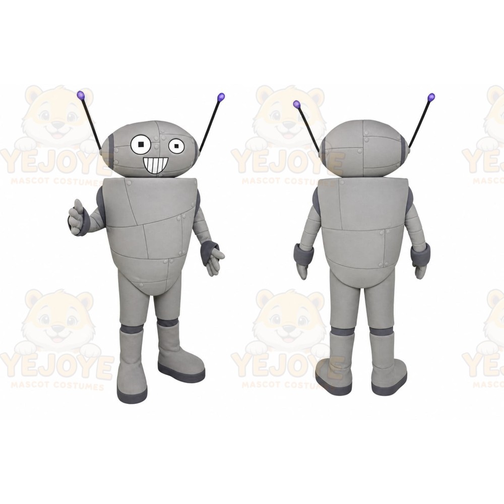 Gray Robot Mascot Costume with Custom Logo