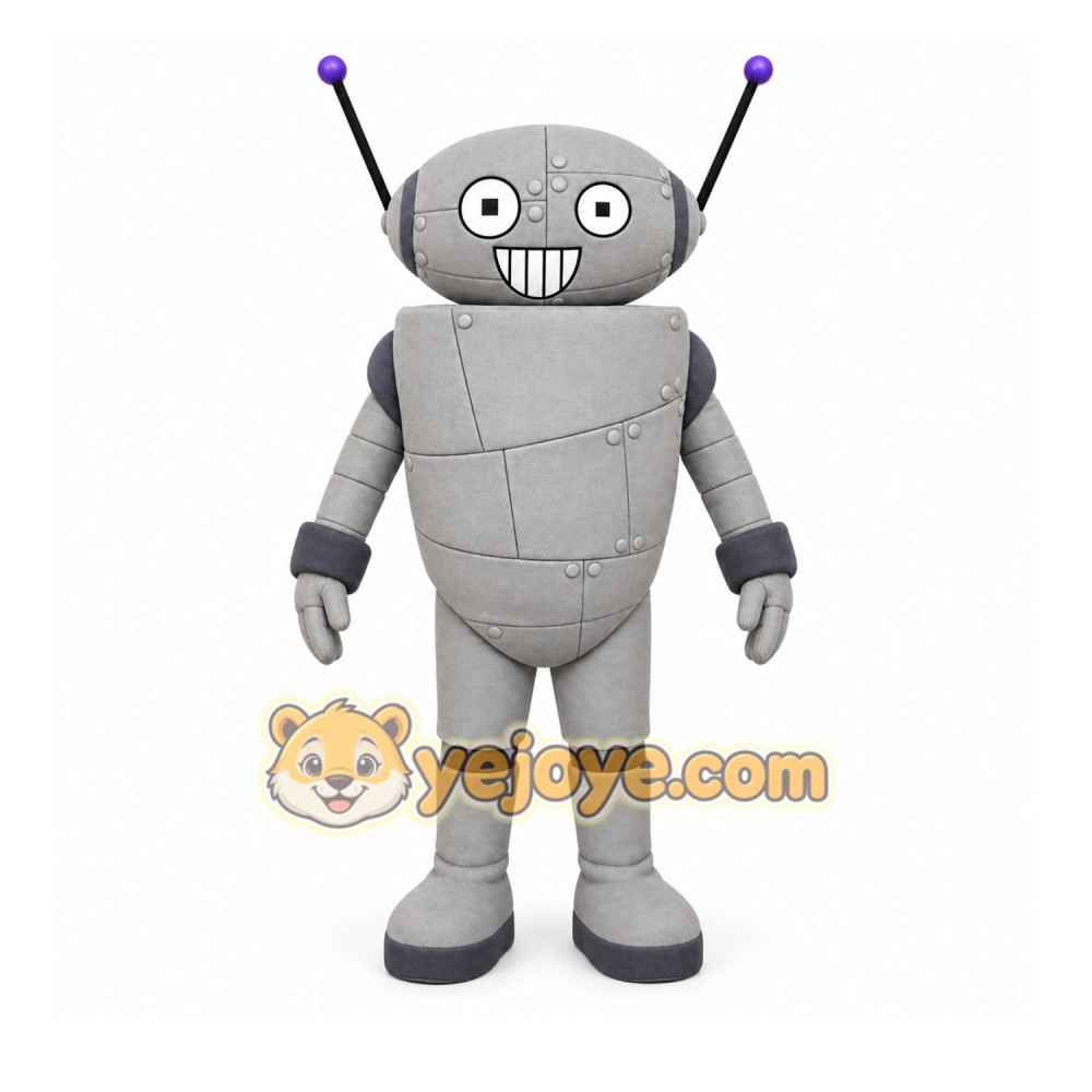 Gray Robot Mascot Costume with Custom Logo