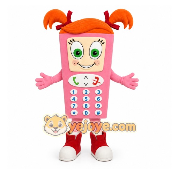 Pink Phone Mascot Costume with Custom Logo
