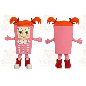 Pink Phone Mascot Costume with Custom Logo