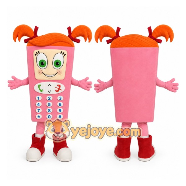 Pink Phone Mascot Costume with Custom Logo