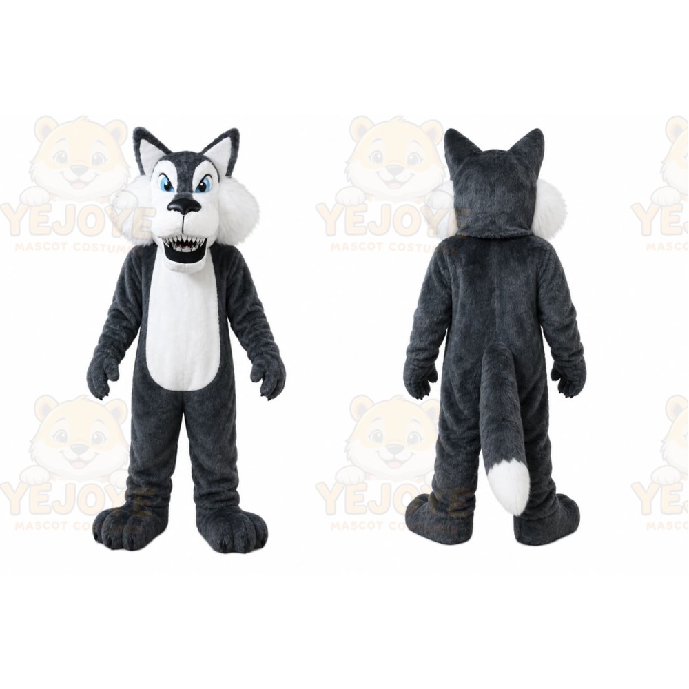 Gray Wolf Mascot Costume with Custom Logo