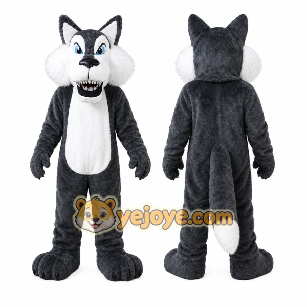 Gray Wolf Mascot Costume with Custom Logo