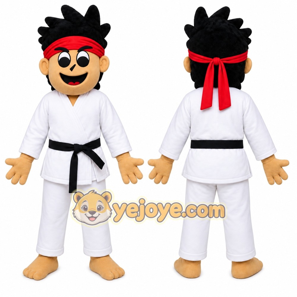 White Martial Artist Mascot Costume with Custom Logo White Martial Artist Mascot Costume with Custom Logo