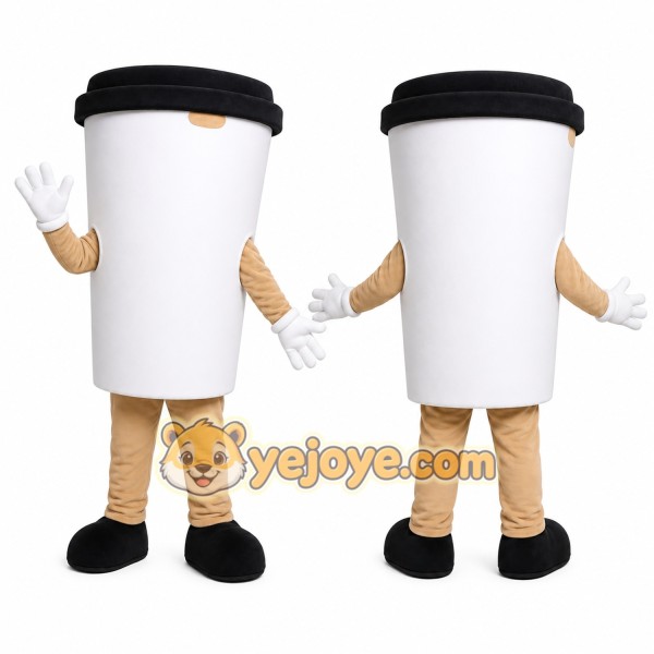 White Coffee Cup Mascot Costume with Custom Logo