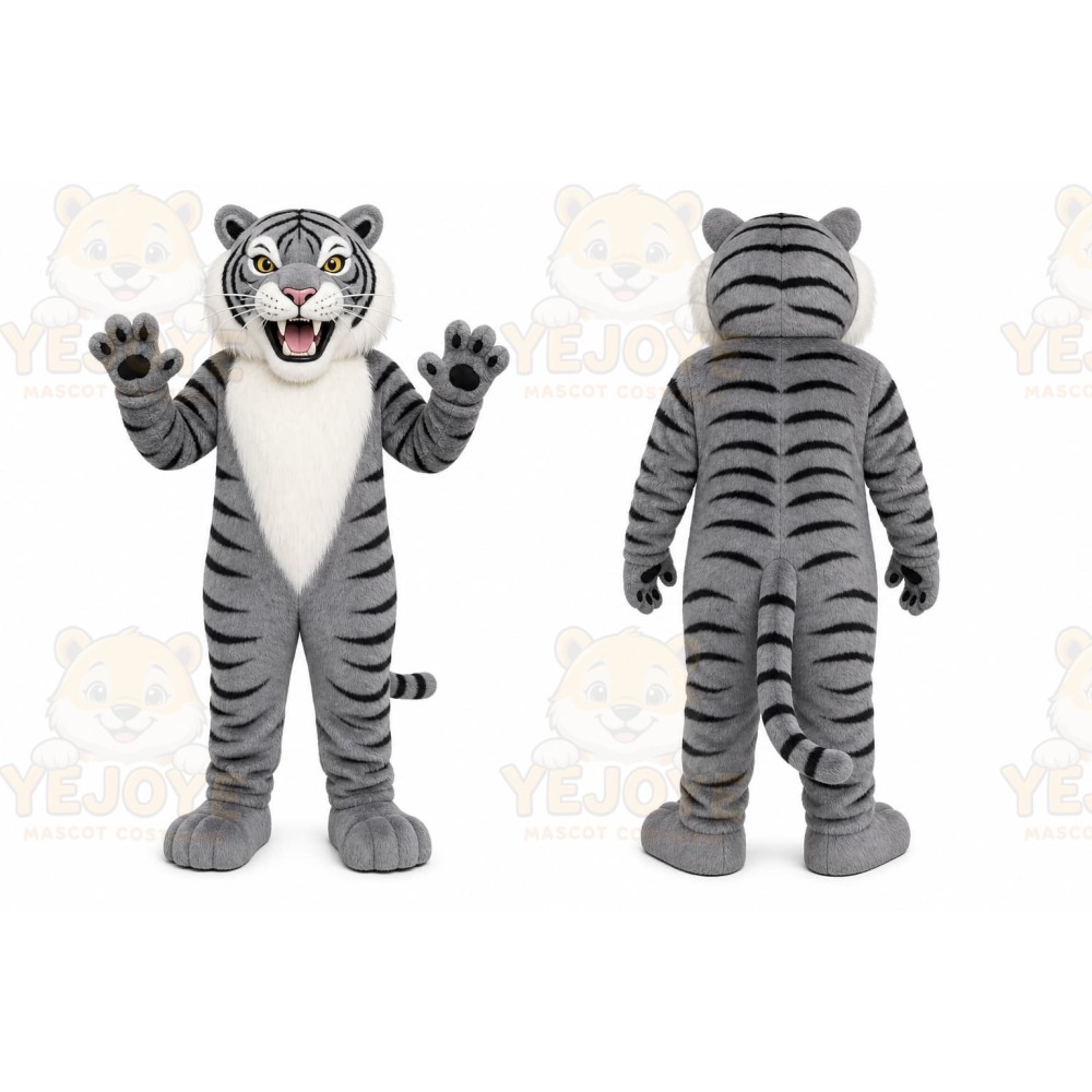 Gray Tiger Mascot Costume with Custom Logo