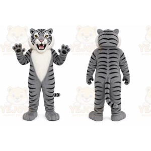 Gray Tiger Mascot Costume with Custom Logo