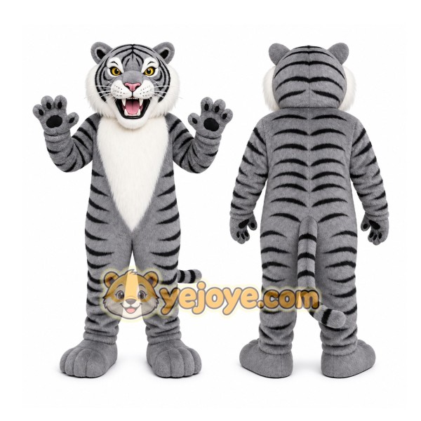 Gray Tiger Mascot Costume with Custom Logo