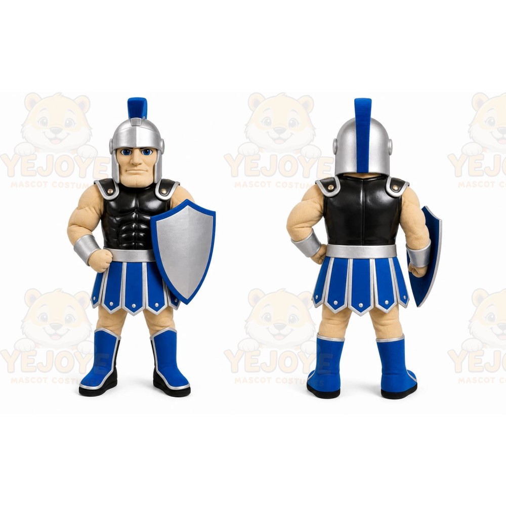 Blue Roman Warrior Mascot Costume with Custom Logo