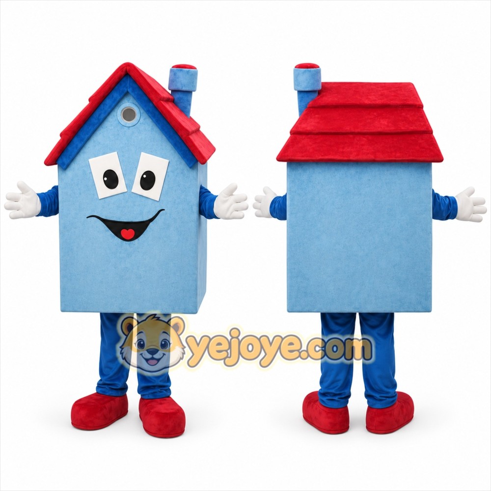 Blue House Mascot Costume with Custom Logo Blue House Mascot Costume with Custom Logo
