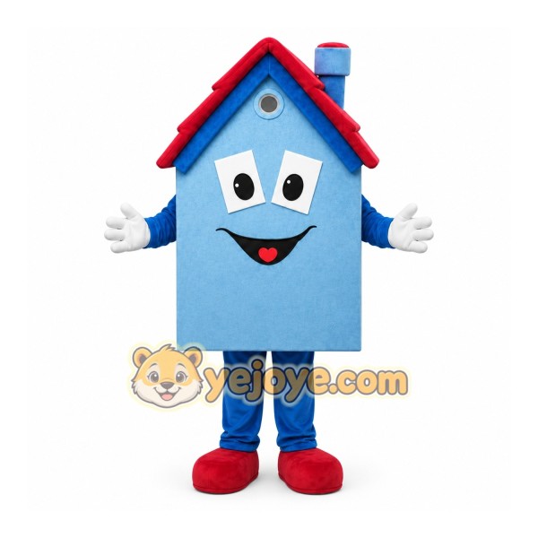 Blue House Mascot Costume with Custom Logo