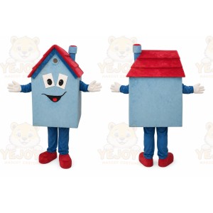 Blue House Mascot Costume with Custom Logo