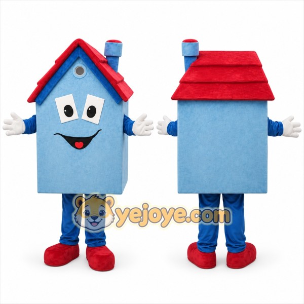 Blue House Mascot Costume with Custom Logo