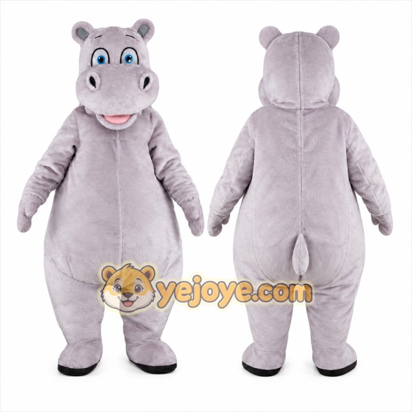 Gray Hippo Mascot Costume with Custom Logo