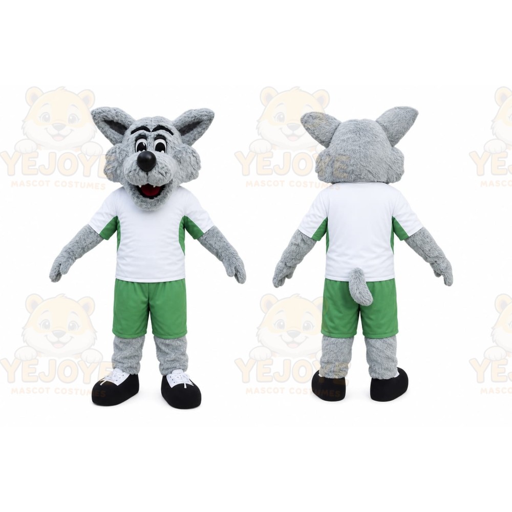 Gray Wolf Mascot Costume with Custom Logo