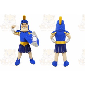 Blue Roman Warrior Mascot Costume with Custom Logo