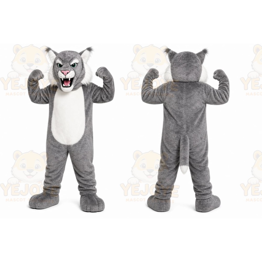 Gray Cougar Mascot Costume with Custom Logo