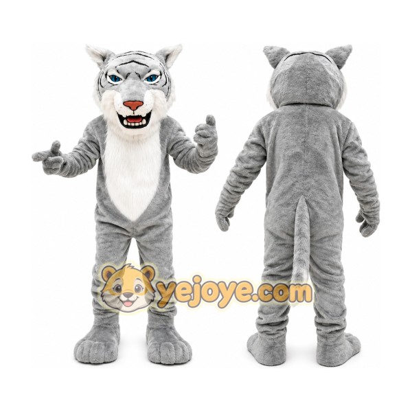Gray Tiger Mascot Costume with Custom Logo