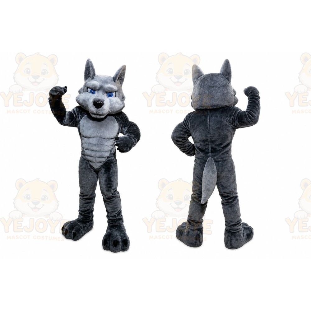 Gray Wolf Mascot Costume with Custom Logo